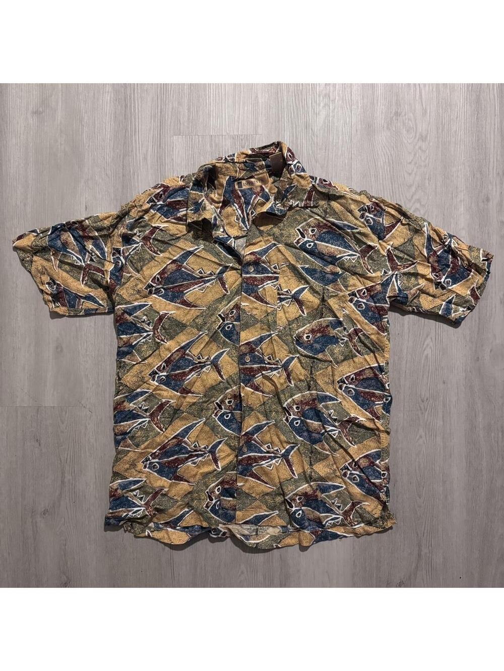 90s fish print button up shirt with blue and brown fish graphic